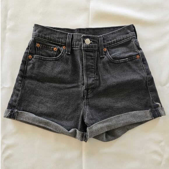 Levi’s High Rise Black Denim Shorts 26 Vintage Wash Roll Hem - Picture 1 of 4